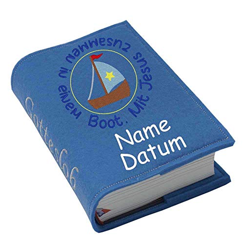 Gotteslob Gotteslobhülle Hülle Mit Jesus zusammen in einem Boot Filz Namen bestickt Einband Umschlag personalisierte Gesangbuchhülle, Farbe:blau