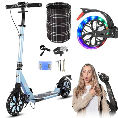 GHBXJX City Roller für Erwachsene klappbar LED 200mm Big Wheel Scooter, Cityroller mit Handbremse, Tretroller Kinder ab 8 Jahre Mädchen Jungen Teenager, Kickscooter Kinder Scooter,Blau