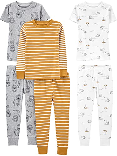 Simple Joys by Carter's Jungen 6-teiliges Schlafanzug-Set, eng anliegend, 3er-Pack, Gold Streifen/Grau Löwe/Weiß Tier, 4 Jahre