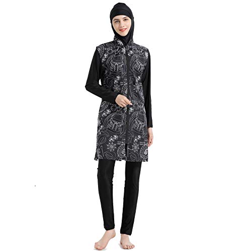 Mr Lin123 Burkini, bescheidener muslimischer Badeanzug für Damen, islamische Bademode mit Hijab, vollständige Abdeckung, muslimische Strandmode, muslimische Badebekleidung (schwarz, Größe 2XL)