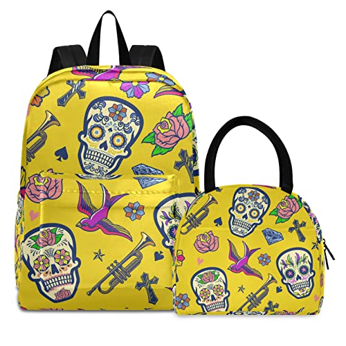 Gelbe Schädelmusikkunst Büchertasche Lunchpaket Set Schulter Rucksacks Bookbag Kinderrucksack Isolierte Lunchbox-Tasche für Mädchen Jungs