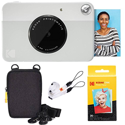 KODAK Printomatic Sofortbildkamera (Grau) Basis-Paket + Zinkpapier (20 Blätter) Etui + Bequemer Halsriemen