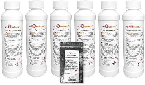 well2wellness® Saunaaufguss Set 6 x 250 ml mit Euka-Birke, Ingwer-Citro, Limette-Bambus, Mango-Maracuja, Grapefruit-Cassis, Japanisches Minzöl + gratis 10g Mentholkristalle