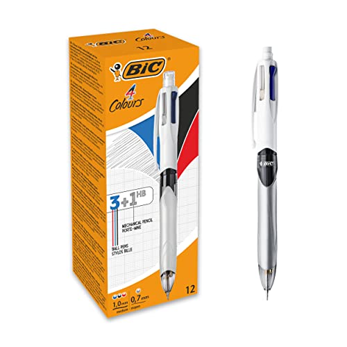 BIC 4-Farb-Druckkugelschreiber Colours HB - Multifunktionsstift: Schwarze, blaue & rote Farbmine und 1 Bleistiftmine plus Radierer - 1 Schachtel mit 12 Stück