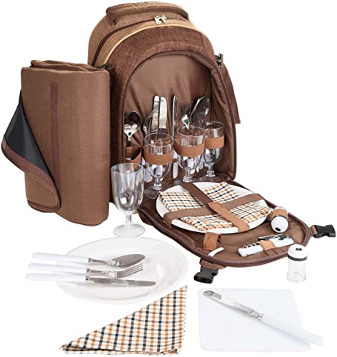 Brubaker Picknickrucksack für 4 Personen Braun 28,5 × 19 × 42,5 cm - mit Kühlfach und wasserfester Picknickdecke
