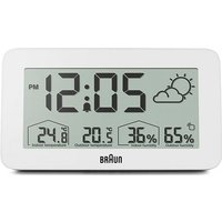 Digitale Braun-Wetterstationsuhr mit Anzeige von Innen- und Außentemperatur sowie Luftfeuchtigkeit, Vorhersage, LCD-Display, Schnelleinstellung, anschwellendem Alarm-Piepton in weiß, Modell BC13WP.