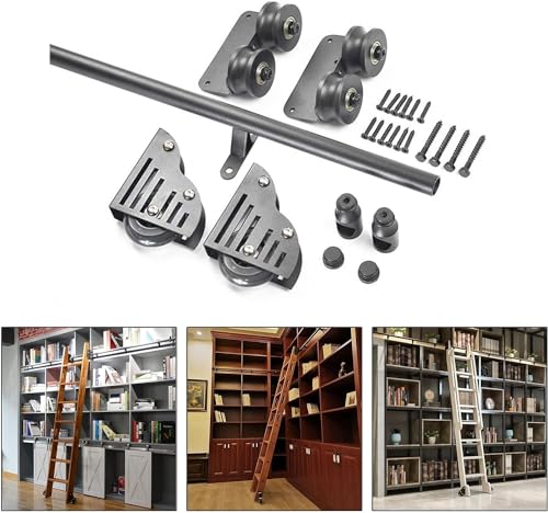 CATANK Rollleiter, Hardware, Bibliothek, Schiebeleiter, Hardware-Set, runde Schiene/Schiene (ohne Leiter), mobile Leiterschiene, mit Bodenrollenrädern (Größe: 200 cm Schienen-Set)