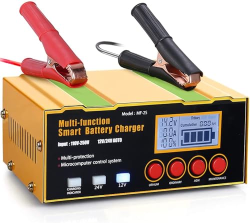 DSGKUU Ladegerät Autobatterie 12A 12V/24V KFZ Batterieladegerät Vollautomatisches Intelligentes Erhaltungsladegerät mit LCD-Bildschirm für alle 12V24V Batterien, Lithium Batterie, AGM/EFB Batterie