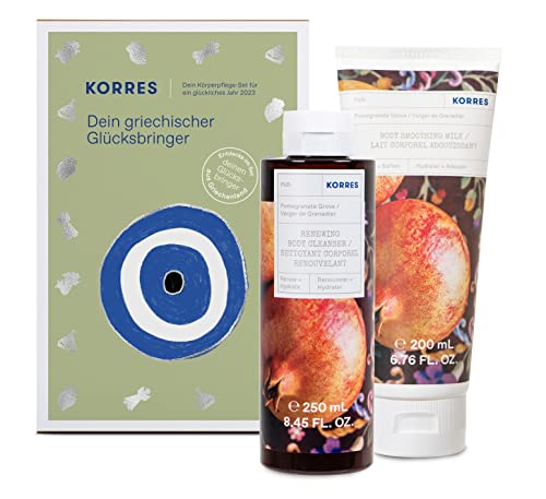 KORRES POMEGRANATE GROVE Griechische Winterduft-Kollektion, Geschenkset aus Duschgel 250 ml + Körpermilch 200 ml + Evil Eye Glücksbringer