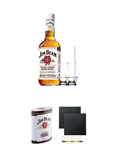 Jim Beam Bourbon Whisky 1,5 Liter + 2 Glencairn Gläser + Einwegpipette 1 Stück + Jim Beam Malt Whisky Fudge in Blechdose 300g + Schiefer Glasuntersetzer eckig ca. 9,5 cm Ø 2 Stück