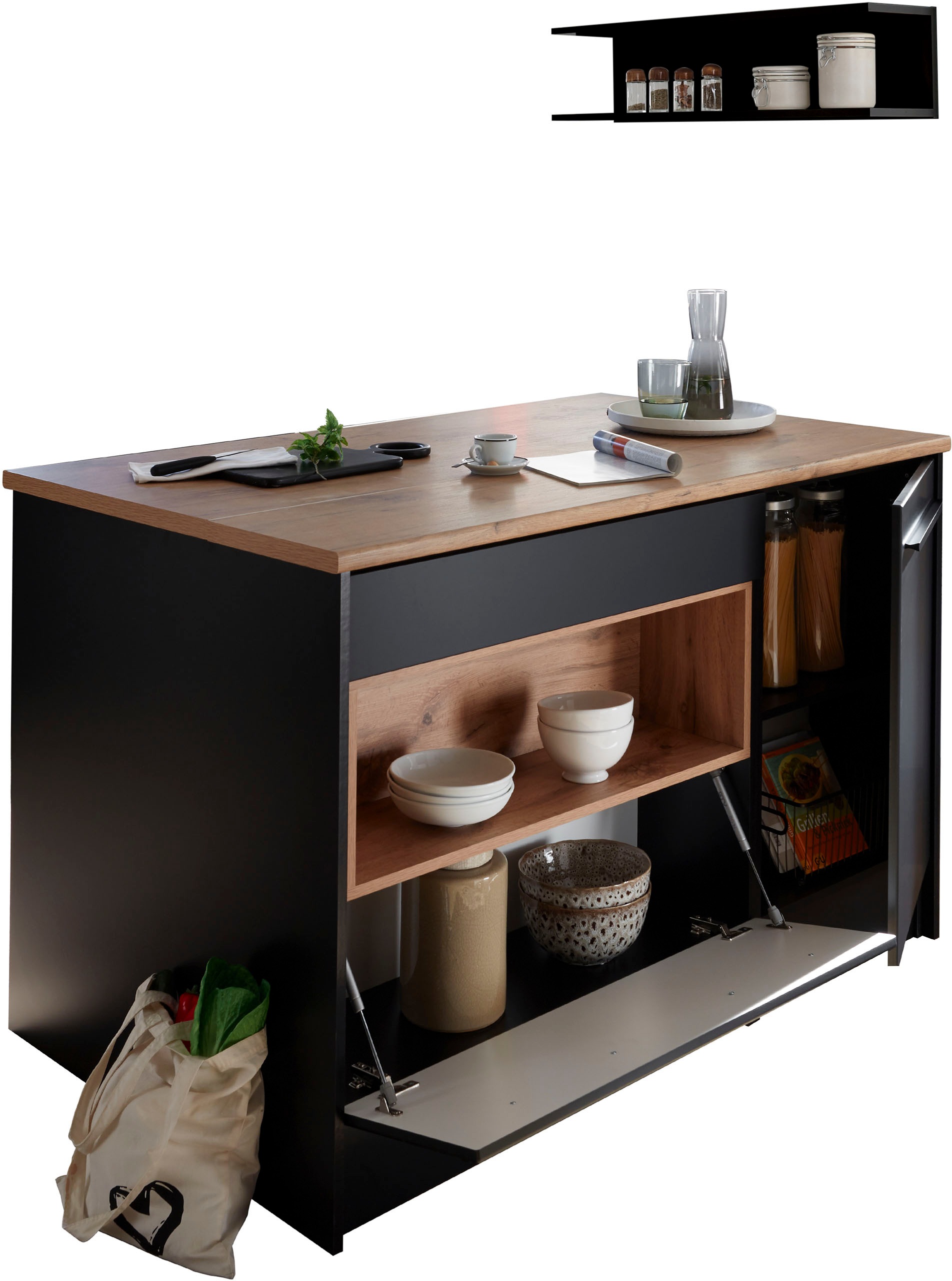 JAZZ Moderne Kücheninsel mit Arbeitsplatte freistehend in Schwarz matt, Lanzelot Eiche Optik - Geräumiger Küchenschrank - 145 x 90 x 90 cm (B/H/T)