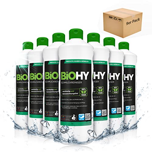 BiOHY Schmuckreiniger (9x1l Flasche) | AKTIVE GLANZFORMEL | Konzentrat für jedes Ultraschallgerät | Nachhaltige und schonende Reinigung für Uhren, Brillen, Schmuck und Edelmetalle