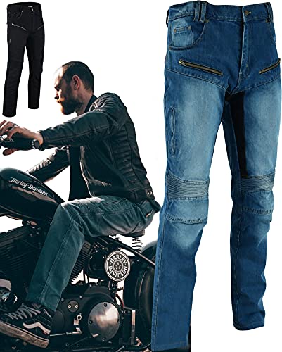 TEXPEED Motorradhose mit Protektoren - Herren Motorrad schützende Jeans - Tapered Fit - CE Rüstung Schutz enthalten (EN 1621-1) - Blau: XL Taille/Kurz Bein