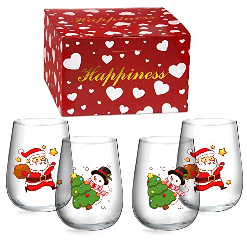 Kvittra Christmas Stemless Wine Glass, Christmas New Year Gifts with Box for Women, Christmas Wine Glass for Women Men Sister Friends, Wine Glass for Family Christmas (4 Pack)