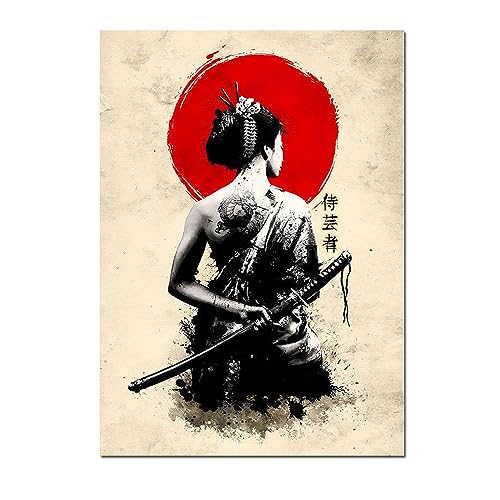 DaanaH Japanische Samurai Leinwand Poster weibliche Kriegerin Red Sun Wall GemäldeJapanische Retro Plakate und Kunstdrucke Wohnzimmer Wohnzimmer Dekor Bilder（Kein Rahmen）