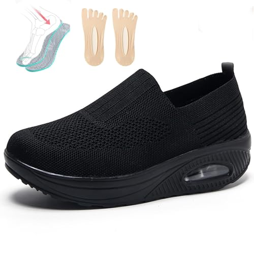 Orthopädische Schuhe Damen Sommer Sneaker, 2023 Neu Luftpolster Mesh Diabetiker Turnschuhe Mit Luftkissen, Weich Bequeme Slip on Walkingschuhe Sandalen Sportschuhe,Schwarz,43EU