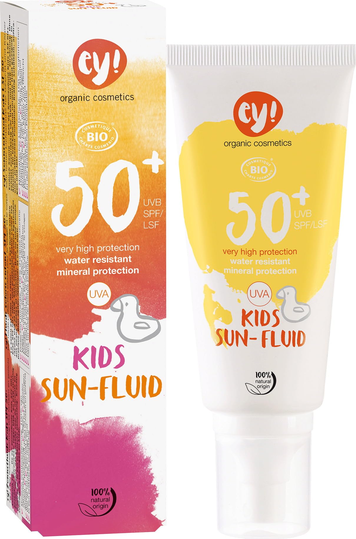 ey! organic cosmetics Sunfluid KIDS Sonnenfluid LSF 50+ wasserfest, vegan, ohne Mikroplastik, Naturkosmetik für Gesicht und Körper, 1er Pack (1 x 100ml)