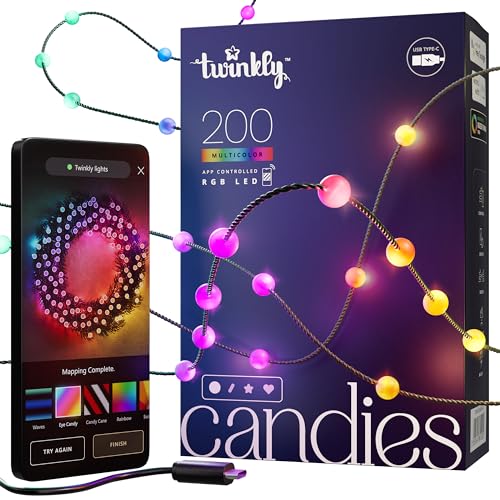 Twinkly Candies Pearl-Shaped Light String with 200 RGB LEDs. 12 Meters. Green thread. Controlled by App. USB-C powered. Smart Indoor Light Decoration
