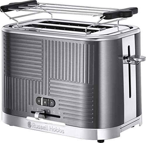 Russell Hobbs 25250-56 Toaster Geo Steel, 4 Funktionen, gleichmäßige Bräunung, einstellbare Temperatur, Bräunungsaufwärmer, Zange
