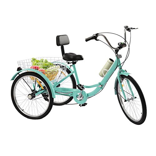 OUKANING 24 Zoll 7-Gang Dreirad für Erwachsene Fahrrad Faltbare Dreirad mit Einkaufskorb für Erwachsene, Senioren, Frauen