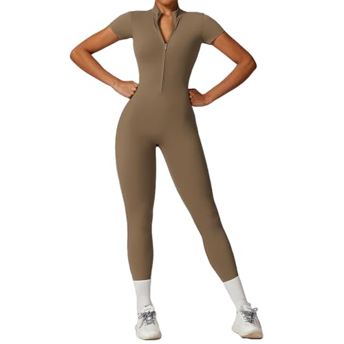 HOMDECR Damen-Fitnessbekleidung, 1-teiliges Set, Nahtlose Yoga-Bekleidung, Damen-Activewear-Set Jumpsuits, Damen-Outfit, Strampler (Braun 1,XL)