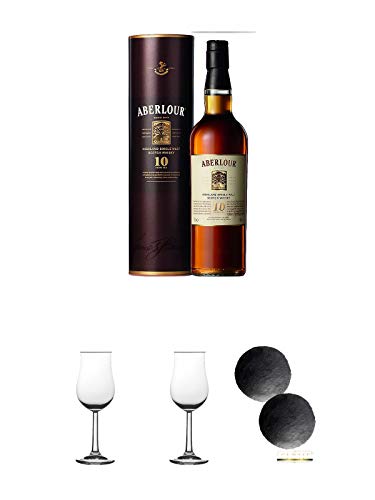 Aberlour 10 Jahre Single Malt Whisky 0,7 Liter + 2 Bugatti Nosing Gläser + 2 Schiefer Glasuntersetzer RUND ca. 9,5 cm Durchmesser