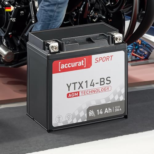 Accurat Motorradbatterie YTX14-BS 14Ah 200A 12V AGM Starterbatterie in Erstausrüsterqualität leistungsstark rüttelfest ABS geeignet wartungsfrei