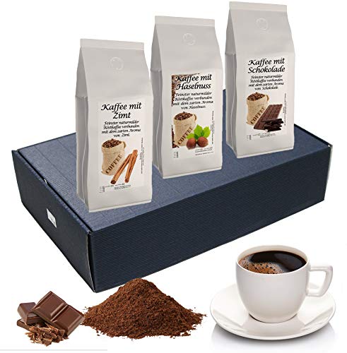 Geschenk Set Aromatisierter Kaffee Ganze Bohne 3 x 200 g (Haselnuss, Zimt und Schokolade)
