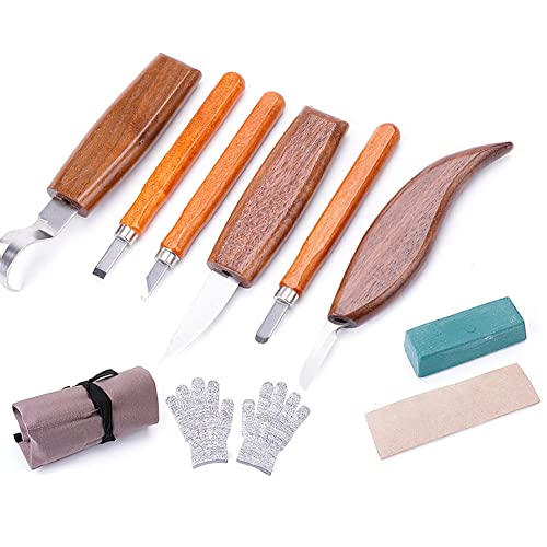 Qutsvosh Holzschnitzwerkzeug-Set Messerset für AnfäNger Schnittfeste Handschuhe Nadelfeile HolzlöFfel für Kinder Erwachsene Holzbearbeitung