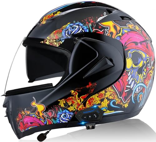 Motorrad-Bluetooth-Helm Aufklappbarer Motorradhelm Mit Anti-Fog-Doppelspiegel Integralhelm Für Erwachsene Männer Women-ECE Rollerhelm Sturzhelm Lokomotive Vollhelm 5,XL=61-62cm