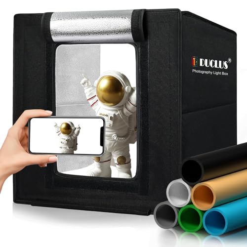 DUCLUS Fotobox, 25x25 cm Fotostudio Set für Produktfotografie, Faltbare Mini Lichtbox mit 96 LEDs, 6 wasserdichte PVC Hintergründe für kleine Gegenstände