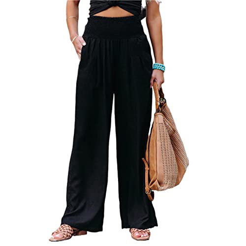 Brong Damen Leinenhose Elastisch Hohe Taille Bequeme Strandhose mit Taschen, Schwarz , 5X-Large