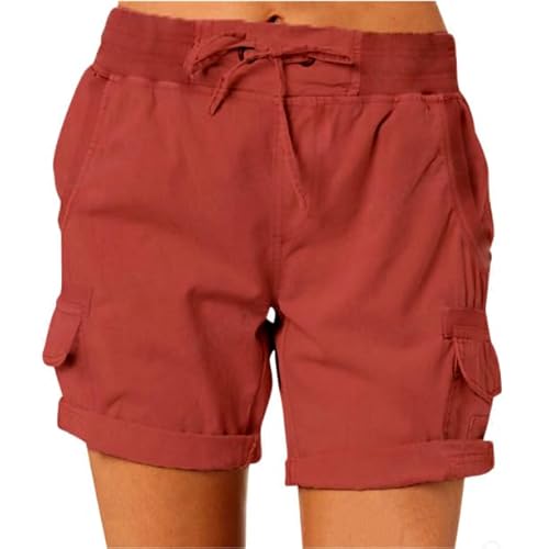 PonPed Attreasure Freizeit-Shorts für Damen, lässige Damen-Shorts mit hoher Taille, Wander-Outdoor-Lounge-Shorts (Red,XL)