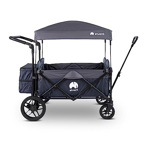 elvent® WagonPro Premium Bollerwagen / Handwagen faltbar mit Dach I 4 Sitzplätze | groß I Sitzpolster, Hecktasche, Off-Road-Reifen, Feststellbremse, 5-Punkt-Gurt I für 4 Kinder (Blau)