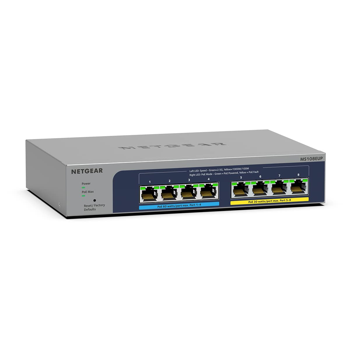 NETGEAR MS108EUP 8 Port 2.5 gbit Switch | Multi-Gigabit LAN PoE Switch (Managed Netzwerk Switch Ultra60 PoE++, 230W PoE Budget mit 4 PoE+/++ Ports, lüfterlos, WiFi-6 Access Point Konnektivität)