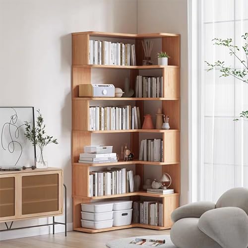 NRNQMTFZ Bodenstehendes Bücherregal mit 6 Ebenen,Display-Eck-Bücherrega,freistehende Aufbewahrungsregale,Multifunktionales Lagerregal(Right Corner,Wood Color)