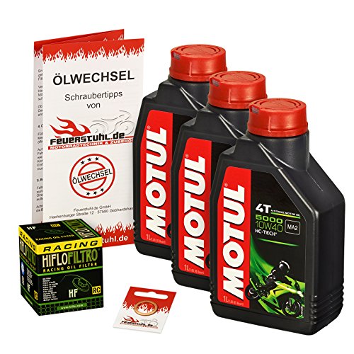 Motul 10W-40 Öl + HiFlo Ölfilter für Kawasaki EN 500, 90-93, EN500A - Ölwechselset inkl. Motoröl, Racing Filter, Dichtring