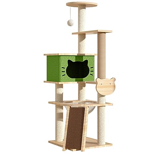 Kratzbaum,130 cm (51,2 Zoll) Katzenturm für Hauskatzen,MehrstöCkige Katzenwohnung mit 2 KratzbäUmen,4 Sitzstangen. (Color : Green)