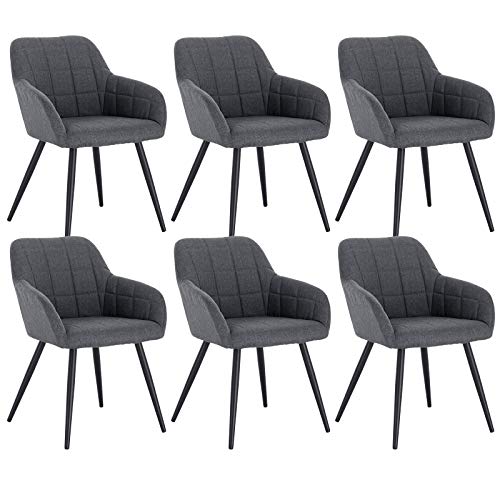 WOLTU 6 x Esszimmerstühle 6er Set Esszimmerstuhl Küchenstuhl Polsterstuhl Design Stuhl mit Armlehne, mit Sitzfläche aus Leinen, Gestell aus Metall, Dunkelgrau, BH107dgr-6