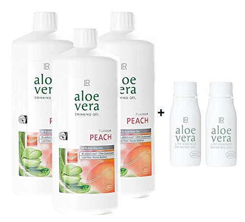 LR Aloe Vera Drinking Gel Pfirisch / Peach 3 x 1000 ml plus 2 x Aloe Vera Rotationsflasche (unbefüllt) für unterwegs, 90 ml