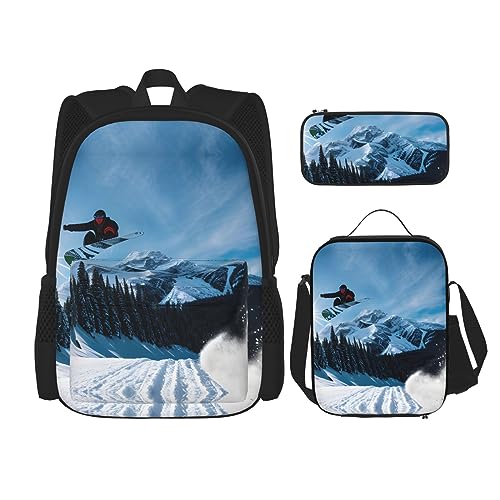 BrUgui 3-teiliges Snowboard-Rucksack-Set inklusive lässiger Rucksäcke, Federmäppchen und Lunch-Tasche, große wasserdichte Kapazität