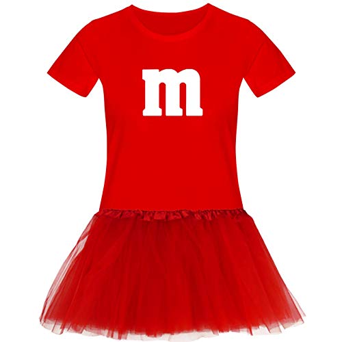 T-Shirt M&M + Tüllrock Karneval Gruppenkostüm Schokolinse 11 Farben Damen XS-3XL Fasching Verkleidung M's Fans Tanzgruppe, Größenauswahl:S, Farbauswahl:rot - Logo Weiss (+Tütü rot)