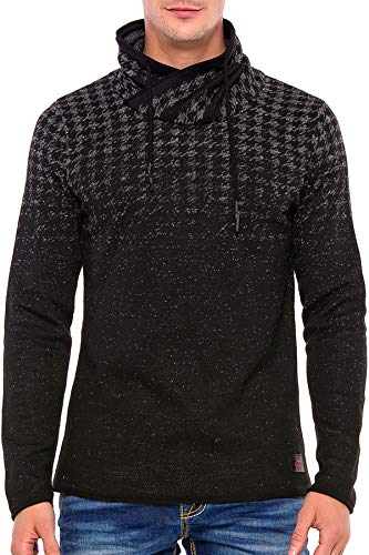 Cipo & Baxx Herren Strickpullover Hoodie Schalkragen Muster Sweater Pullover Winter Sweatshirt Schwarz-Anthracite M