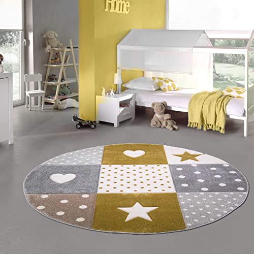 Teppich-Traum Kinderzimmer Teppich Spiel & Baby Teppich Herz Stern Punkte Design in Gold Creme Weiß Grau Größe 120 cm rund