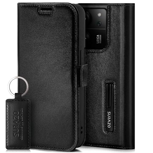 SURAZO Premium Slim Magnet Handyhülle für Xiaomi 13T Pro & 13T 5G Hülle Leder – Klappbare Echtleder Schutzhülle [mit Kartenfach, RFID Schutz, Keyring] Klapphülle Wallet Case Cover Lederhülle (Schwarz)