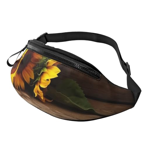 Große Umhängetasche für Damen und Herren, Sonnenblumen auf Holzbrett, bedruckte Hüfttasche für Männer und Frauen, Gürteltasche, modische Hüfttasche, Tasche mit verstellbarem Riemen für Workout,