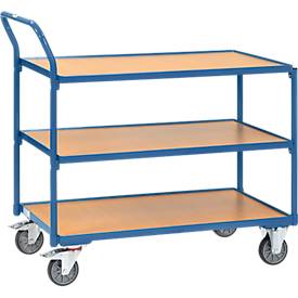 Tischwagen, 3 Ebenen, Stahl/Holz, blau-buche, B 1000 x T 600 mm, bis 300 kg, TPE-Bereifung