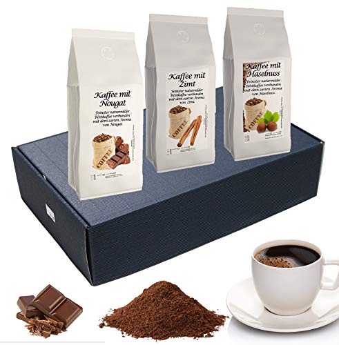 Geschenk Set Aromatisierter Kaffee Ganze Bohne 3 x 200 g (Nougat, Zimt und Haselnuss)