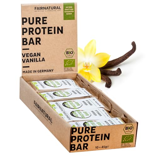 3K Vegan Protein-Riegel BIO Vanille [aus Deutschland] Bio Eiweißriegel ohne Soja, zugesetzten Zucker oder Whey mit gekeimten Samen - Pflanzliche Premium Protein Bars mit Bio Vanille (10x45g)