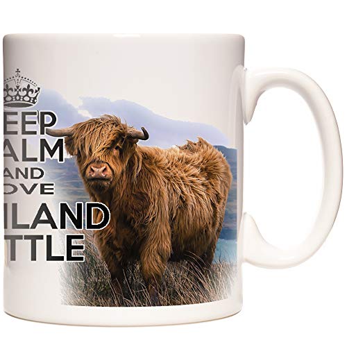 Tasse mit Highland-Rindermotiv, Aufschrift "Keep Calm and Love Highland Cattle", 325 ml, Keramik-Geschenktasse